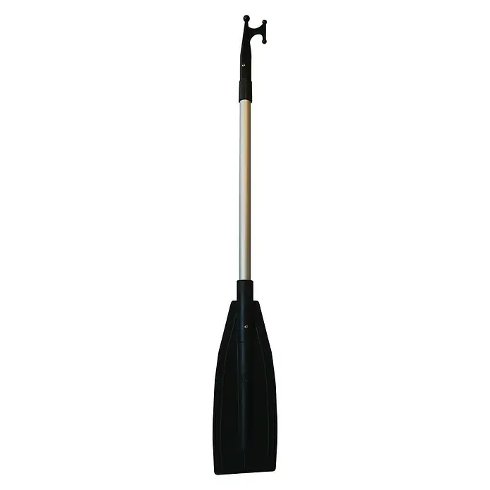Bichero extensible con pala - Aluminio - Un remo con un gancho en el extremo. El remo tiene una pala negra y un eje plateado. Ideal para los amantes de los deportes acuáticos y los navegantes.