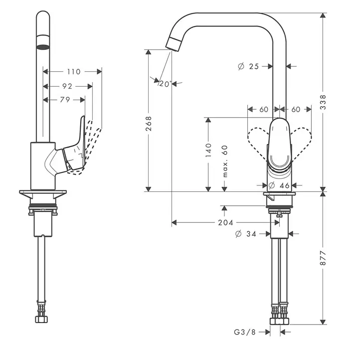 Hansgrohe Ecos Grifo de cocina L - Cromo, Brillante - Dibujo técnico de un grifo con dimensiones de altura, alcance del caño y diámetros de varios componentes.
