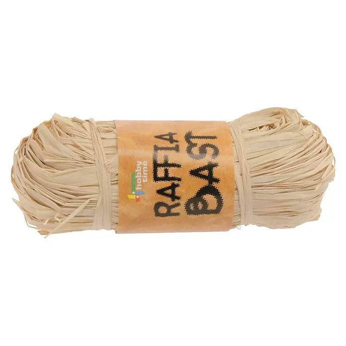 Glorex Hobby Time Raffiabast - Natur, 50 g - Nahaufnahme von Bastel-Raffiabast, der mit einem Papieretikett mit dem Text "RAFFIA BAST" zusammengebunden ist.