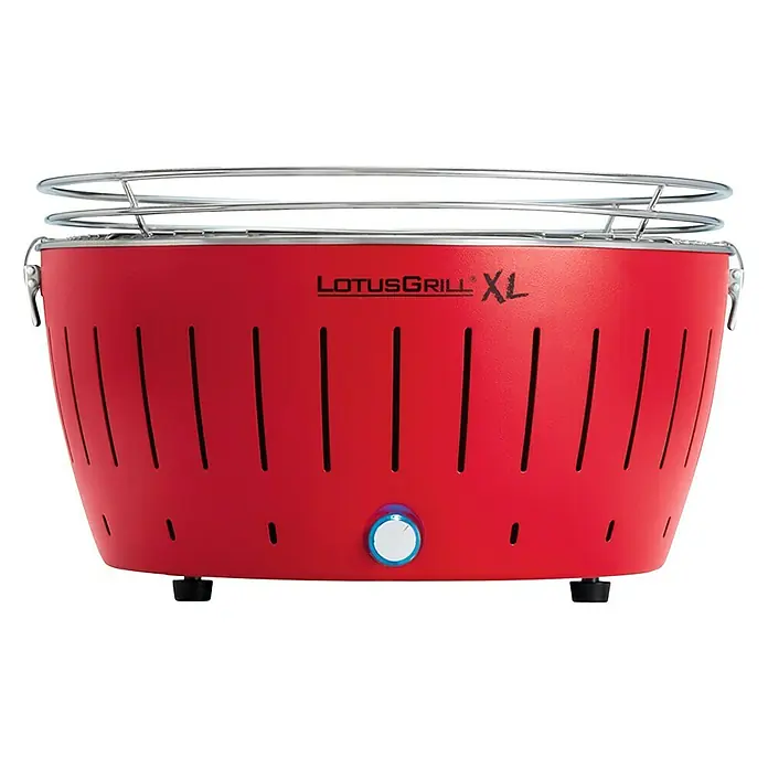 LotusGrill Barbacoa de carbón XL - Diámetro de la superficie de la parrilla: 43 cm, Rojo - Imagen del producto de una barbacoa de carbón LotusGrill XL roja con rejilla plateada, ideal para asar sin humo al aire libre.