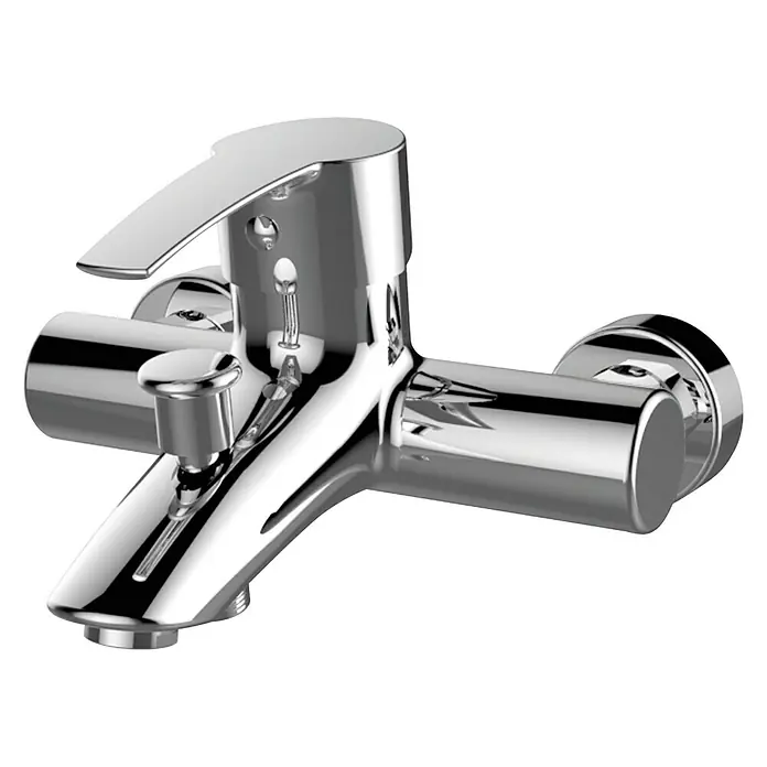 Cosmobath Bissett Grifo monomando de bañera - Cromo, Brillante - Primer plano de un grifo de bañera cromado brillante con maneta y desviador para función de ducha.