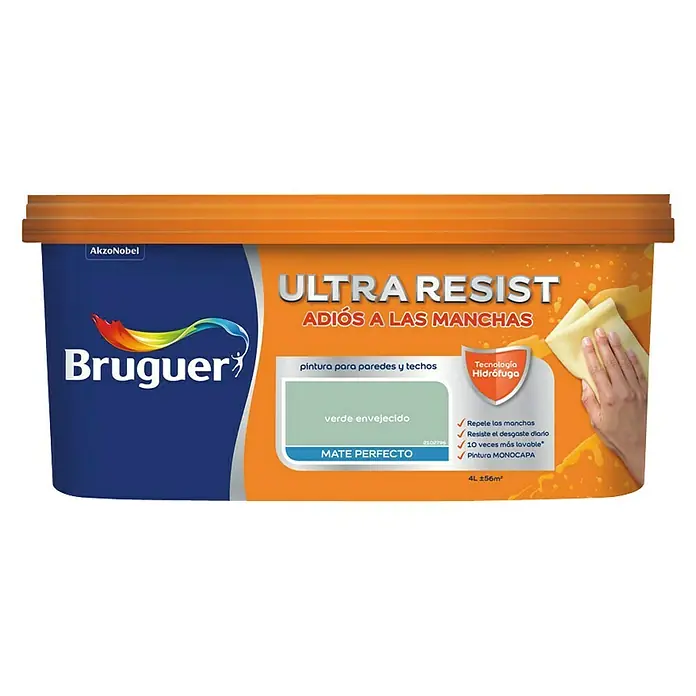 Bruguer Ultra Resist Pintura para paredes - Verde envejecido, Mate, 4 l - En la imagen se muestra un cubo de pintura Bruguer Ultra Resist en verde. La pintura es adecuada para paredes y techos, y protege contra las manchas.