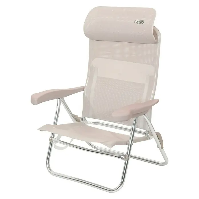 Silla de playa con cabezal Crespo - 55 x 64 x 100 cm, Aluminio, Beige - Una cómoda silla de camping Crespo con respaldo alto y reposabrazos, ideal para camping y actividades al aire libre.