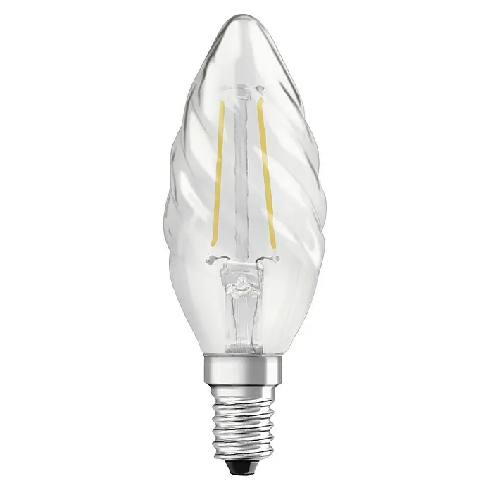 Voltolux LED-Lampe Kerzeform E14 klar - E14, Nicht Dimmbar, Warmweiß, 250 lm, 3,3 W, Kerze - Nahaufnahme einer LED-Filament-Glühbirne in Tropfenform mit einem E14-Sockel und klarem Glas.