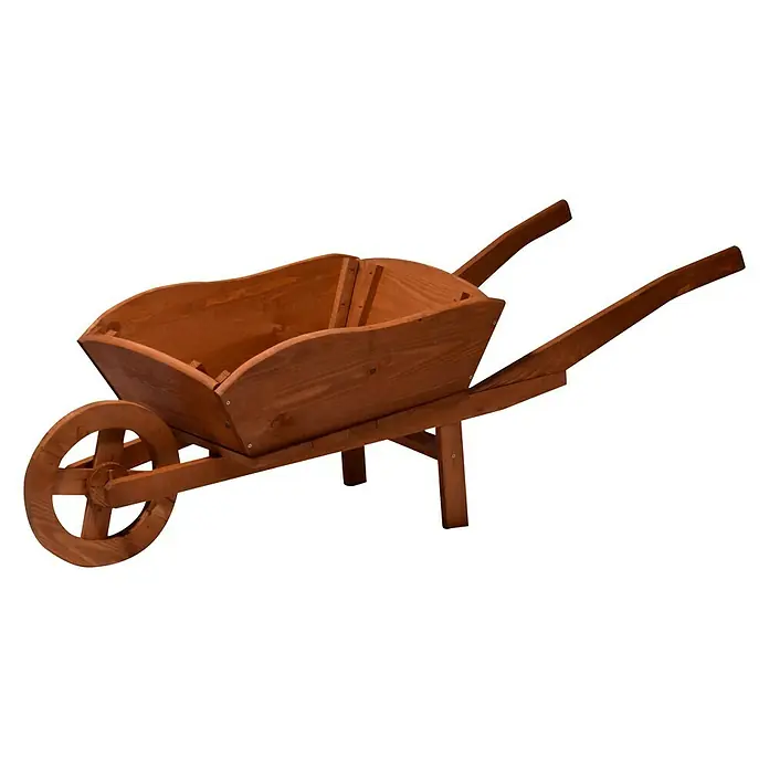 Dobar Pflanzschubkarre - 130 x 40 x 40 cm, Braun, Massivholz - Detailaufnahme einer hölzernen Schubkarre, ideal als rustikale Gartendekoration oder Pflanzgefäß, das Charme und Funktionalität vereint.