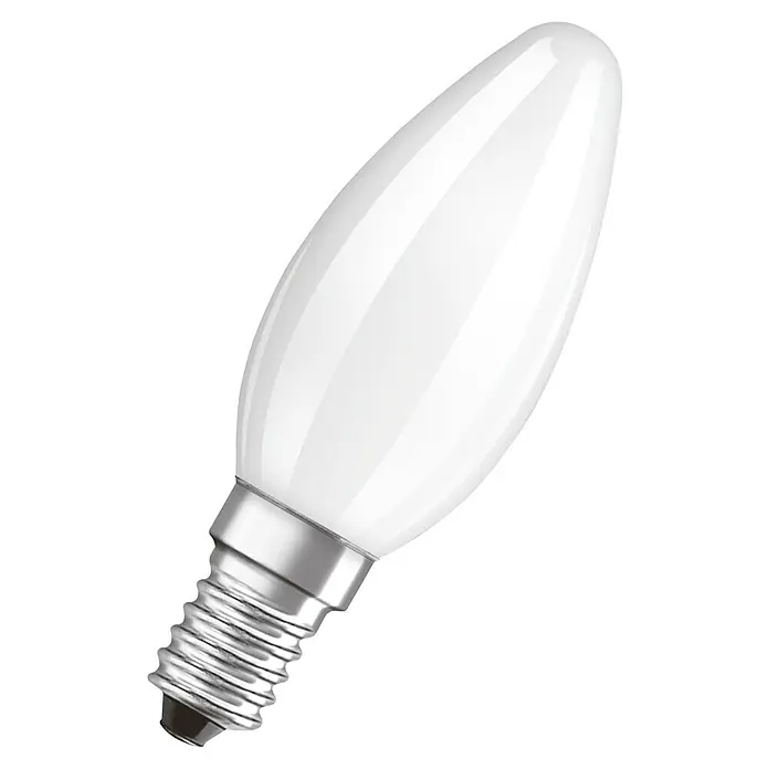 Osram Retrofit LED-Lampen Set Kerzenform E14 matt - E14, Nicht Dimmbar, Warmweiß, 470 lm, 4 W, 2 Stk. - Nahaufnahme einer Osram Kerzenlampe mit E14-Sockel und mattweißer Oberfläche, ideal für stimmungsvolle Beleuchtung.