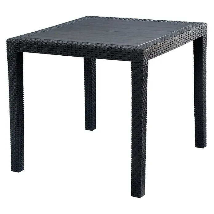Progarden Balkontisch King - L x B x H: 79 x 79 x 72 cm, Kunststoff, Stapelbar, Quadratisch, Anthrazit - Ein schwarzer quadratischer Gartentisch aus Rattan mit einer glatten Tischplatte, ideal für den Außenbereich.