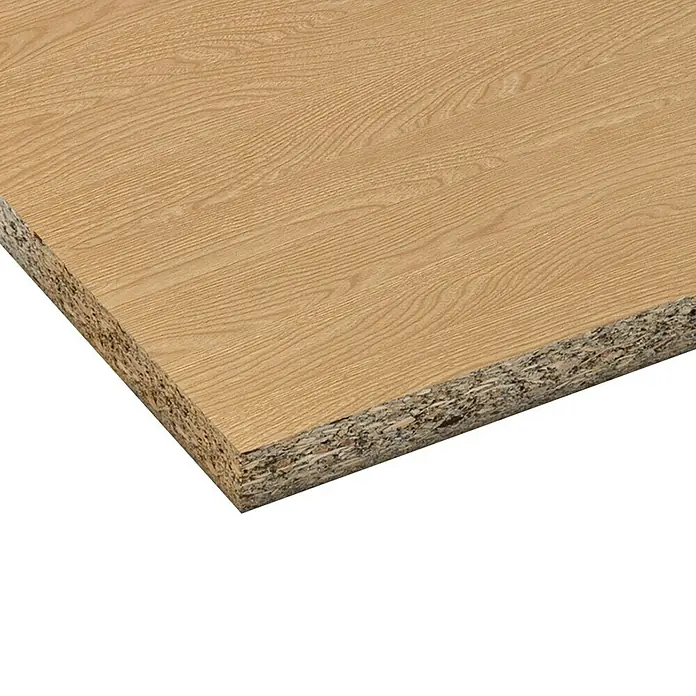 Spanplatte nach Maß I - Stärke: 16 mm, L x B: 280 x 207 cm, Eiche Hell - Nahaufnahme einer Spanplatte mit Holzstruktur, die für Möbelbau oder Innenausbau verwendet wird.