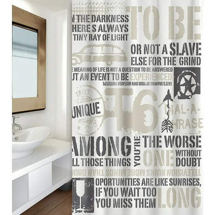 Venus Cortina de baño Combat - An x Al: 180 x 200 cm, Plástico, Blanco - Escena de baño con una cortina de ducha elegante estampada con citas inspiradoras y elementos gráficos.