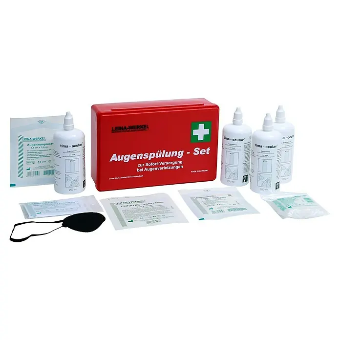 Leina-Werke Augenspülung-Set - 10 -tlg., Mit Wandhalterung - Augennotfallset von LEINA-WERKE mit Augenspüllösung, Kompressen und Augenklappe zur schnellen Erstversorgung bei Augenverletzungen.