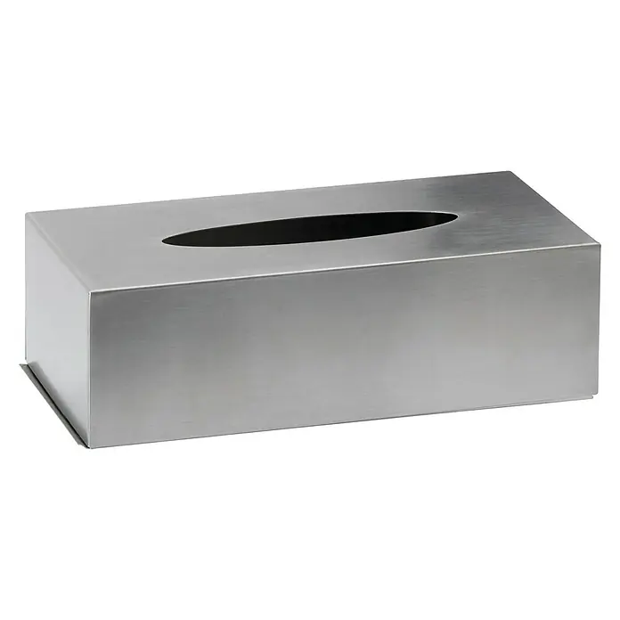 Camargue Paris Caja para pañuelos de papel - Crromo - Un dispensador de pañuelos rectangular plateado con una abertura ovalada en la parte superior, ideal para cualquier baño u oficina.
