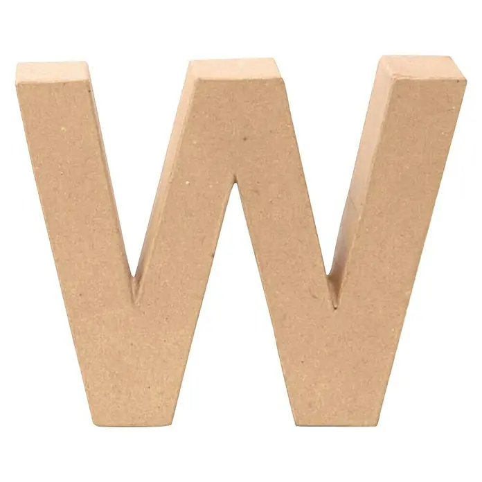 Glorex Papp-Buchstabe - Motiv: W, Pappe, L x B x H: 17,5 x 20 x 5,5 cm - Nahaufnahme des Buchstaben W aus unbehandeltem Holz. Ideal zum Basteln und Gestalten individueller Deko-Elemente.