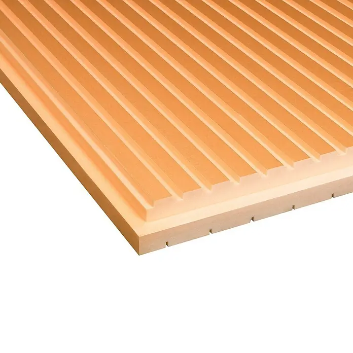 Soprema Sopra Placa de poliestireno extruido XPS TR 40 - 40 mm, Plástico - Primer plano de un panel acústico con estructura de listones de madera, que ofrece absorción de sonido y un diseño moderno. Ideal para paredes o techos.