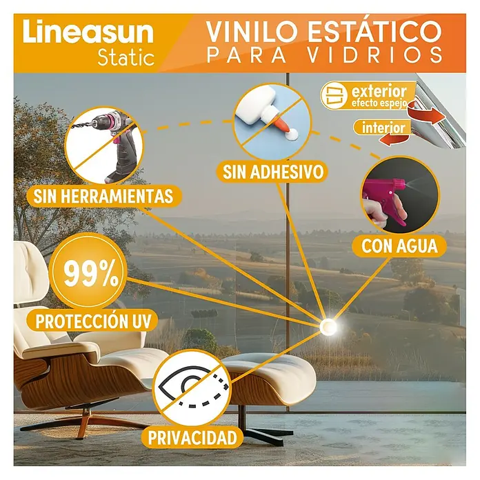 Lámina para ventana estático Efecto Espejo - 75 x 150 cm, Efecto espejo, Plateado - Un primer plano de la lámina para ventanas Lineasun Static, que ofrece un 99% de protección UV, aplicada sin herramientas ni adhesivo, solo con agua.