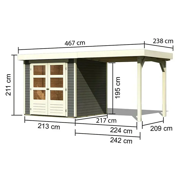 Karibu Gartenhaus Askola 2 - Außenmaß inkl. Dachüberstand (B x T): 467 x 238 cm, Holz, Terragrau, Mit Anbaudach - Ansicht eines Gartenhauses mit Anbau und Maßangaben für die Planung im Garten.