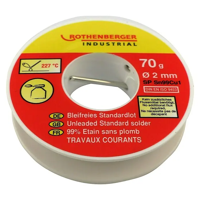 Rothenberger Industrial Standardlot - Durchmesser: 2 mm, 70 g - Abbildung einer Spule mit bleifreiem Standardlot von Rothenberger Industrial, 70g, Durchmesser 2mm, SP Sn99Cu1 nach DIN EN ISO 9453.