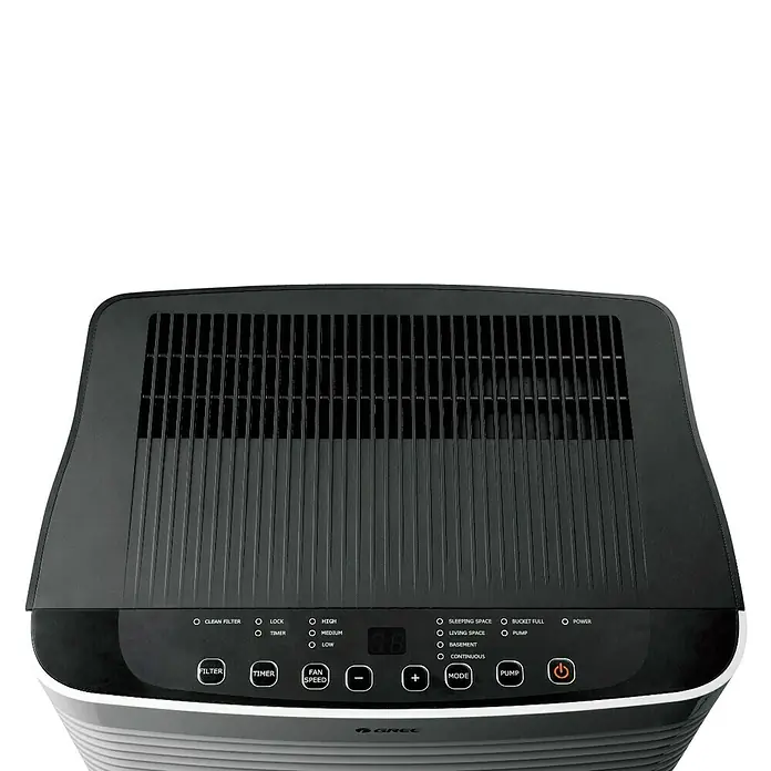 Deshumidificador eléctrico 20 L - Potencia de deshumidificación: 20 l/día, Blanco - Primer plano de un deshumidificador Gree con un panel de control negro, con opciones para filtro, temporizador, velocidad del ventilador y modo.