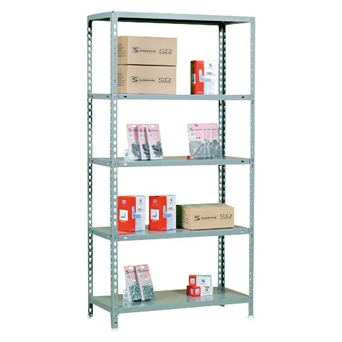 Simonrack Simonclick Estantería metálica Ecoclick Mini - Al x An x Pr: 180 x 80 x 30 cm, Capacidad de carga por balda: 70 kg, Número de baldas: 5 ud., Inserción, Gris - Estantería de cinco niveles ideal para soluciones de almacenamiento. La estantería está provista de cajas SIMON SR y varios productos. Práctica y estable.
