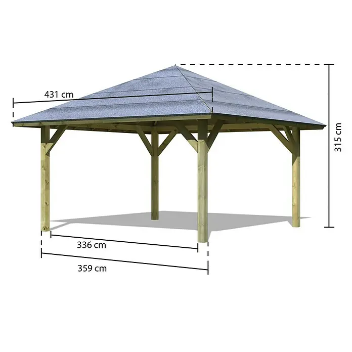 Karibu Pavillon Holm 1 - 431 x 431 cm, Schiefergrau, Natur - Das Bild zeigt einen Pavillon mit seinen Abmessungen, die auf dem Foto dargestellt sind. Der Pavillon ist aus Holz gefertigt und hat ein Dach.