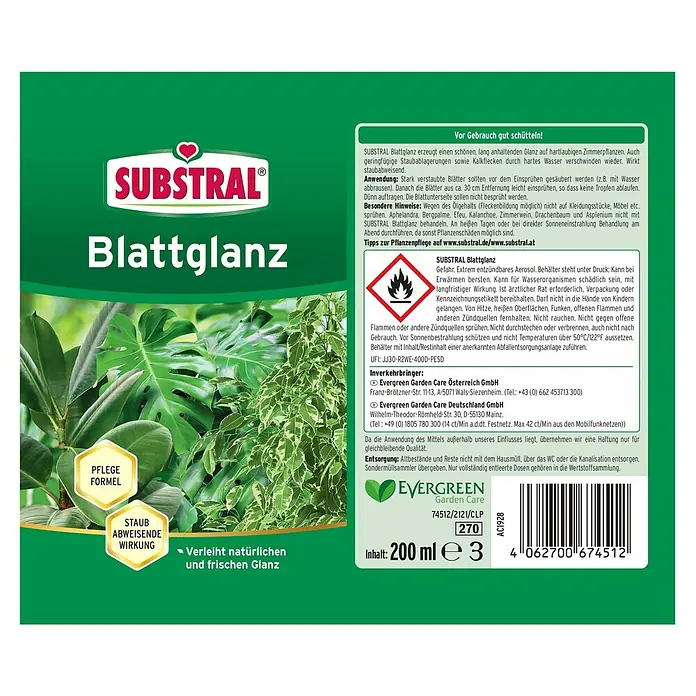 Substral Blattglanz für hartlaubige Zimmerpflanzen - 200 ml - SUBSTRAL Blattglanz für Zimmerpflanzen. Verleiht natürlichen Glanz, wirkt staubabweisend und lässt Kalkflecken verschwinden.