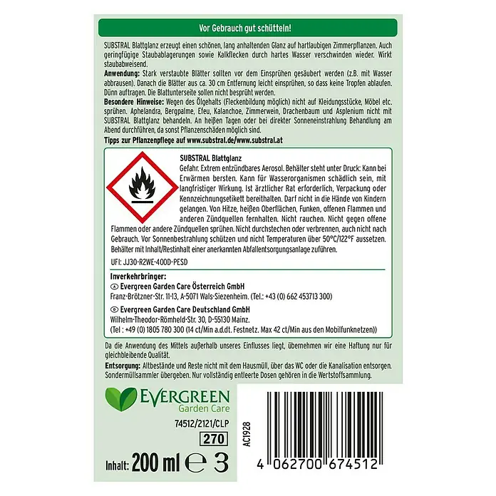 Substral Blattglanz für hartlaubige Zimmerpflanzen - 200 ml - Produktetikett von SUBSTRAL Blattglanz, einem Aerosolspray für Zimmerpflanzen, das Staubabweisend ist und Kalkflecken entfernt.