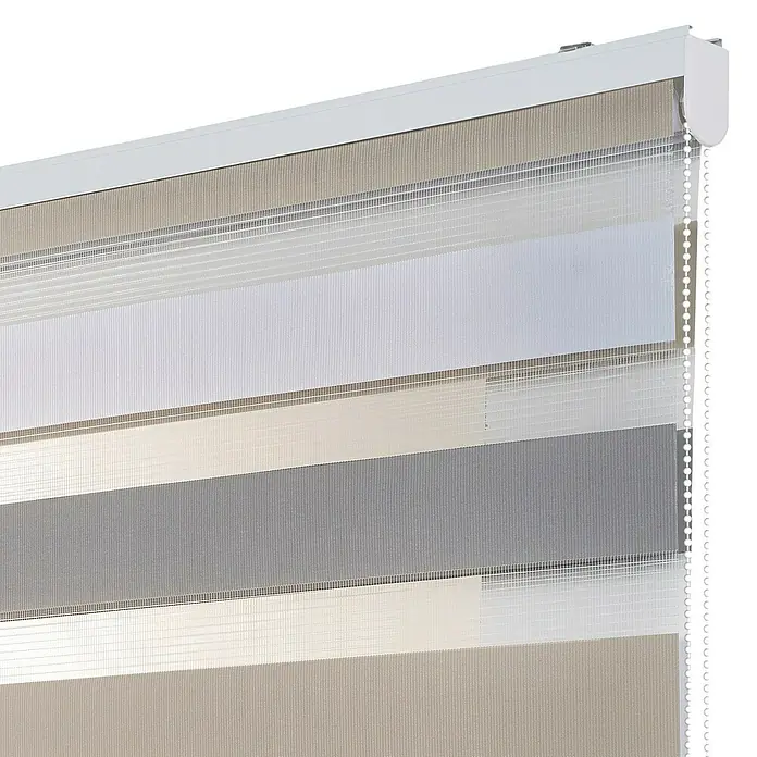 Estor noche y día Duolux - An x Al: 60 x 180 cm, Multicolor - Primer plano de un estor enrollable dúo con franjas horizontales en colores neutros, mostrando una decoración moderna para ventanas.