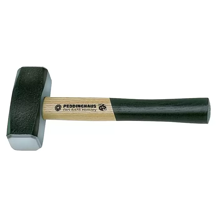 Peddinghaus Fäustel - Gewicht Kopf: 3.000 g, Material Stiel: Holz Hickory - Ein Vorschlaghammer mit dunkelgrauem Metallkopf und zweifarbigem Holzgriff, mit der Aufschrift 'PEDDINGHAUS DIN 6475 Hickory'.