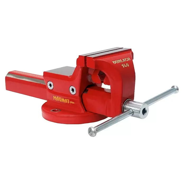 Durlach Schraubstock Magnat Plus - Stahl - Roter Metallschraubstock mit verstellbaren Backen und silbernem Griff, auf robustem Sockel.