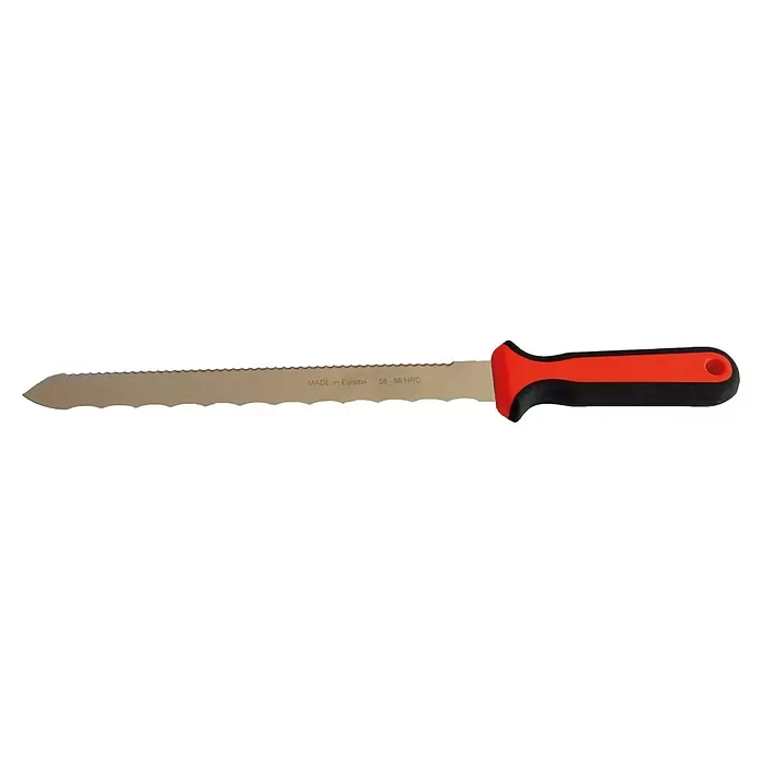 Mondelin Dämmstoffmesser - Edelstahl - Gezacktes Messer mit silberner Klinge, scharfer Spitze und einem zweifarbigen orange-schwarzen ergonomischen Griff.