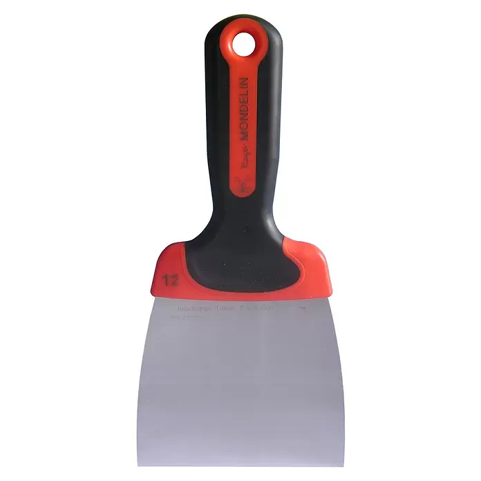 Mondelin Malerspachtel - Blattbreite: 120 mm - Schwarzer und oranger Roger Mondelin Spachtel mit ergonomischem Griff und Edelstahlklinge für Spachtel- und Schabearbeiten.