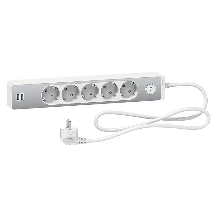 Schneider Electric Base de enchufe múltiple con USB - Blanco/Plateado, Longitud del cable: 1,5 m, Con interruptor, 5 ud. - Regleta blanca y plateada con cinco enchufes, dos puertos USB, un interruptor de encendido y un cable de alimentación blanco.
