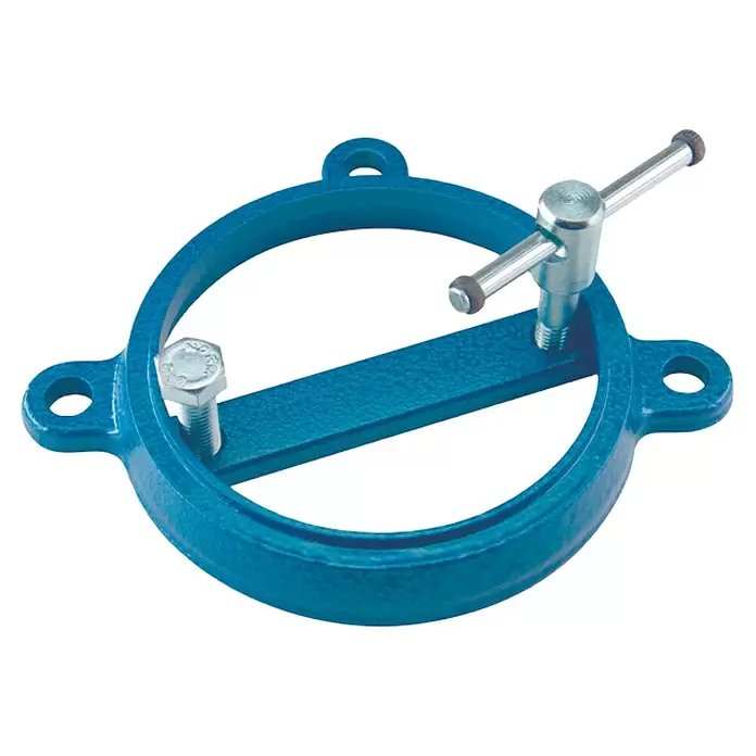 Durlach Drehteller - Passend für: Schraubstock Magnat 140mm - Blaue Metallrohrzwinge mit verstellbarer Schraubzwinge und festem Bolzen zur Rohrbefestigung.