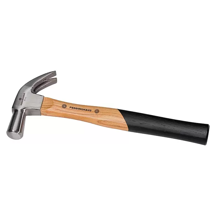 Peddinghaus Klauenhammer - 450 g, Holz Hickory - Ein Klauenhammer mit Metallkopf und einem teilweise schwarz lackierten Holzgriff, der die Marke 'PEDDINGHAUS' zeigt.