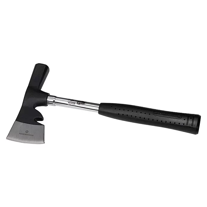 Peddinghaus Gipserbeil - Gewicht Kopf: 700 g, Stahl - Schwarze Peddinghaus Axt mit silbernem Schaft und schwarzem perforierten Griff, ausgestattet mit scharfer Klinge und Hammerfläche.