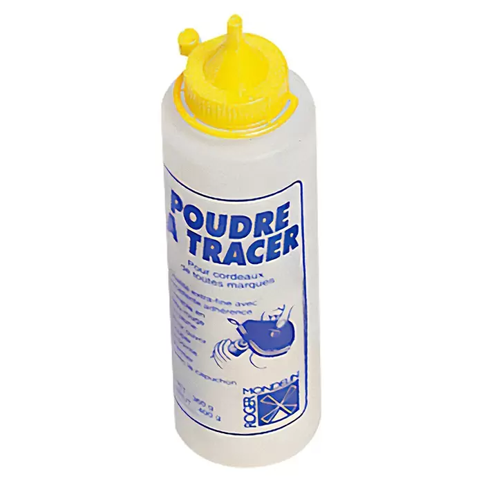 Mondelin Schlagschnurpuder - Gelb, 400 ml - Weiße Flasche Kreidepulver mit gelbem Verschluss, beschriftet mit 'POUDRE À TRACER'.