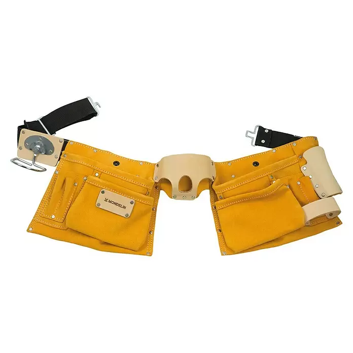 Mondelin Werkzeuggürtel-Set - Leder - Gelber Wildleder-Werkzeuggürtel mit mehreren Taschen, beigem Leder-Hammerhalter und schwarzem, verstellbarem Gurt.