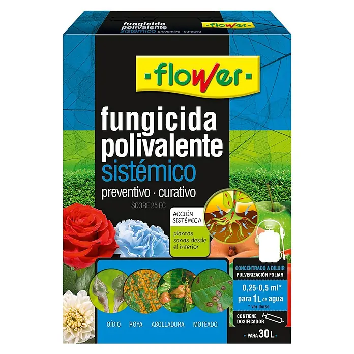 Flower Fungicida de azufre mojable Sistémico Polivalente - 10 ml - Imagen del fungicida "Flower", un fungicida sistémico polivalente para prevenir y curar enfermedades de las plantas.