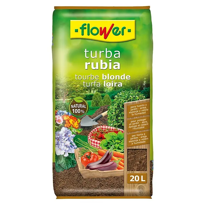 Flower Substrato de planta Turba rubia - 20 l - Imagen de un saco de tierra para macetas apto para huerto y cultivo de hortalizas, con la nota "100% natural".