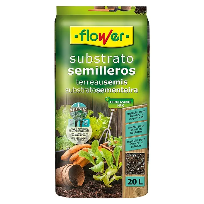Flower Sustrato para plantas Semilleros - 20 l - Imagen de un paquete de tierra para macetas "Flower Substrato Semilleros" con 20 litros, ideal para siembra y esquejes, promoviendo el crecimiento de las raíces.