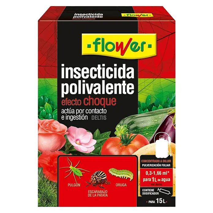 Flower Antiorugas biológico universal Efecto choque - 15 ml - Insecticida polivalente Flower para controlar plagas en plantas, actúa por contacto e ingestión. Concentrado para preparar una solución para pulverizar.