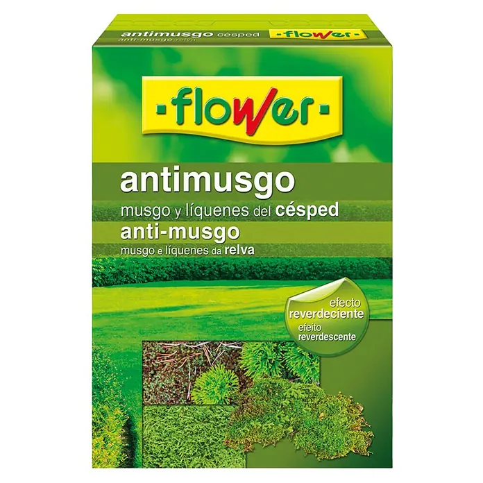 Flower Abono de césped anti musgo - 1 kg - Imagen de un paquete de Flower Antimusgo césped, un producto para controlar el musgo en céspedes, prometiendo un efecto reverdeciente.
