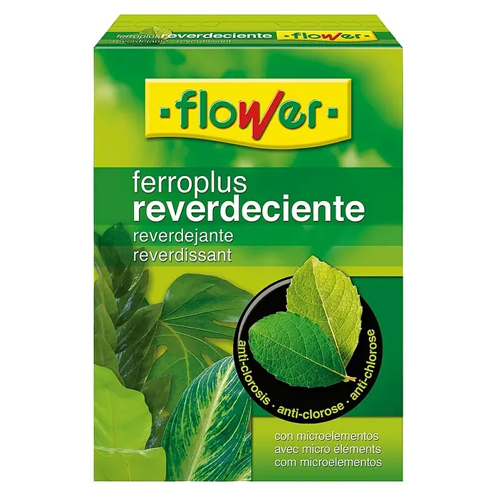 Flower Fertilizante universal granulado Ferro-Plus Reverdeciente - 1 kg - Embalaje de "Ferroplus Reverdeciente" con el logo "Flower", un producto para combatir la clorosis y promover hojas verdes.