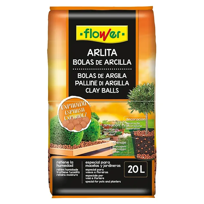 Flower Granulado de arcilla - 20 l - Imagen de un paquete de bolas de arcilla Arlita, un agregado versátil para la aireación, el drenaje y la decoración del suelo.