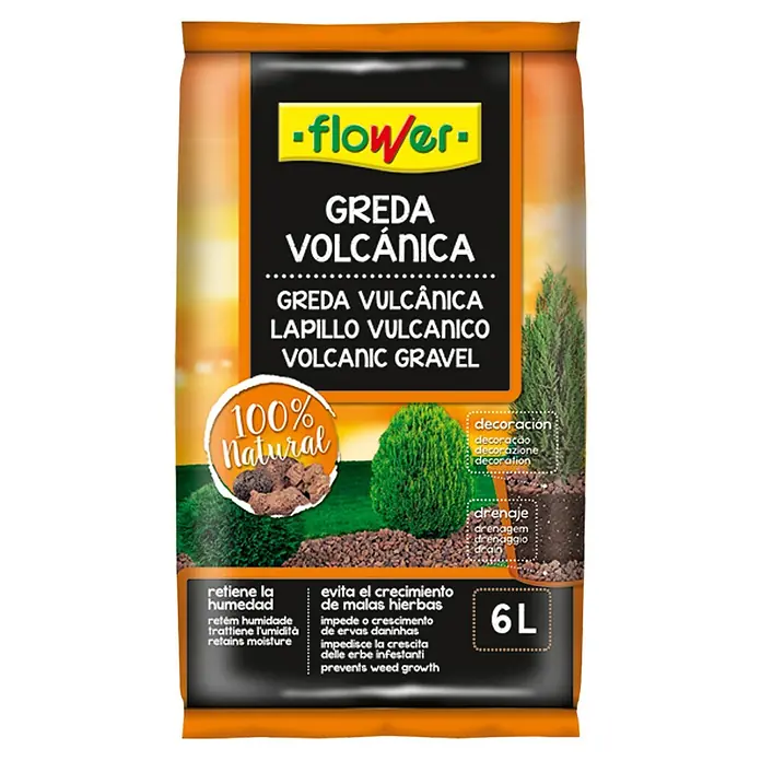 Flower Greda volcánica 12/18 - 6 l - Imagen del producto de un saco de 6L de grava volcánica "Flower", un producto natural para la decoración y el drenaje en el jardín.