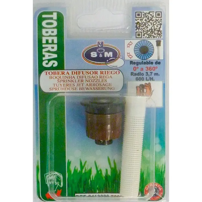 Difusor de riego Tobera regulador - 1 ud., 3,65 m², Formas de riego: 360° - Primer plano de un conjunto de boquillas de aspersión S&M, con una boquilla ajustable y accesorios para la irrigación del jardín.