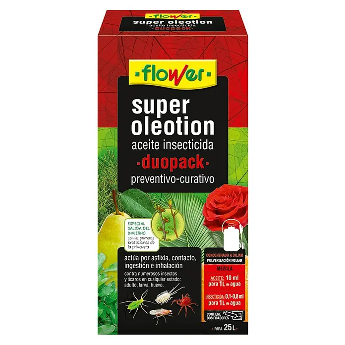 Flower Antiorugas biológico aceite oleotion duo pack - 300 ml - Imagen de Flower Super Oleotion, un aceite insecticida en duopack, de acción preventiva y curativa, apto para 25L de aplicación.