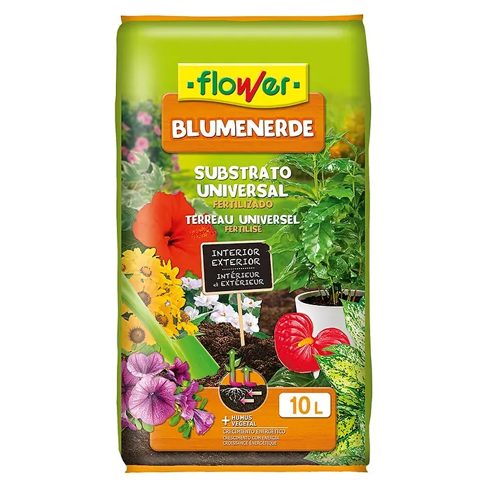 Flower Sustrato para plantas Universal - 10 l - Imagen de un paquete de tierra para macetas Flower, apto para interior y exterior, con 10 litros de contenido.