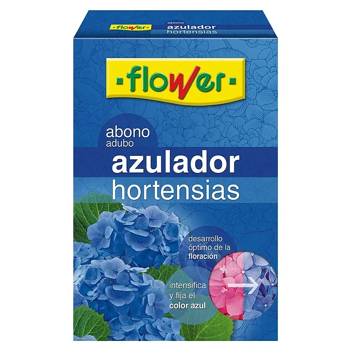 Flower Azulador de hortensias Soluble - 600 g - El envase del agente azulante para hortensias "Flower", un fertilizante que intensifica el color de la flor de rosa a azul y favorece la floración.