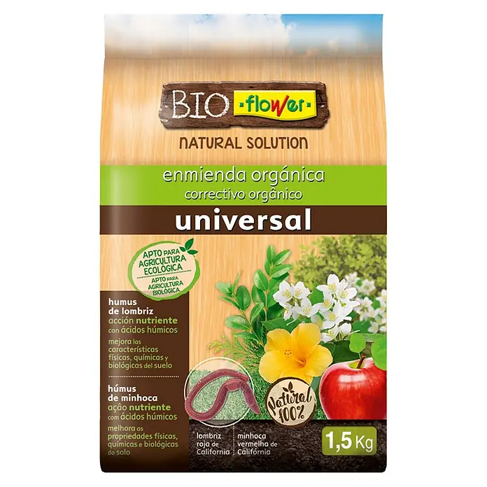Flower Humus de lombriz - 1,5 kg, 3 l - Tierra universal Bio Flower con solución natural para agricultura ecológica, 1,5 kg.