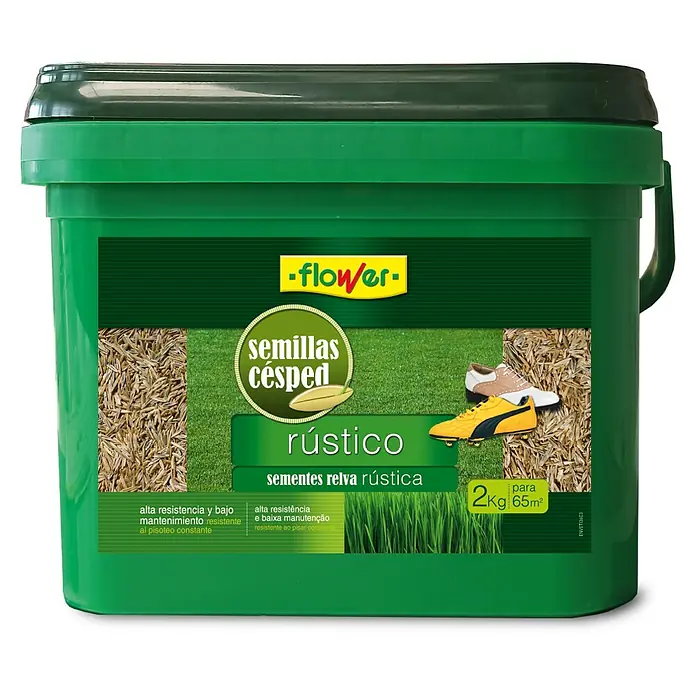 Flower Semillas de césped Rústico - 2 kg, 65 m² - Bote verde de semillas de césped "Flower Rústico". Ideal para céspedes resistentes y de bajo mantenimiento. Contenido: 2kg para 65m².